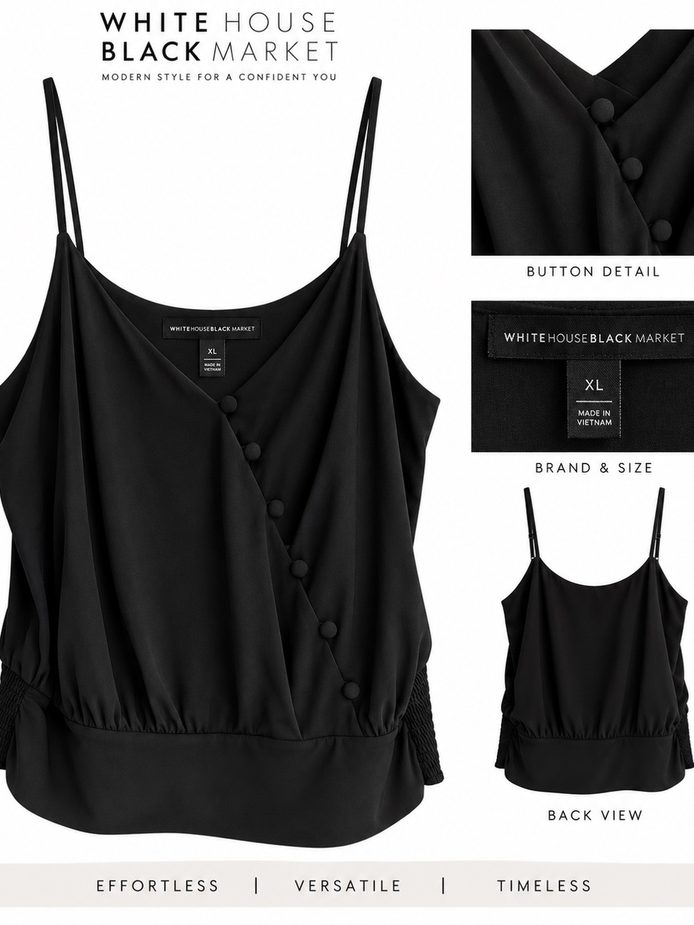 White House Black Market Black Draped Button-Front Camisole